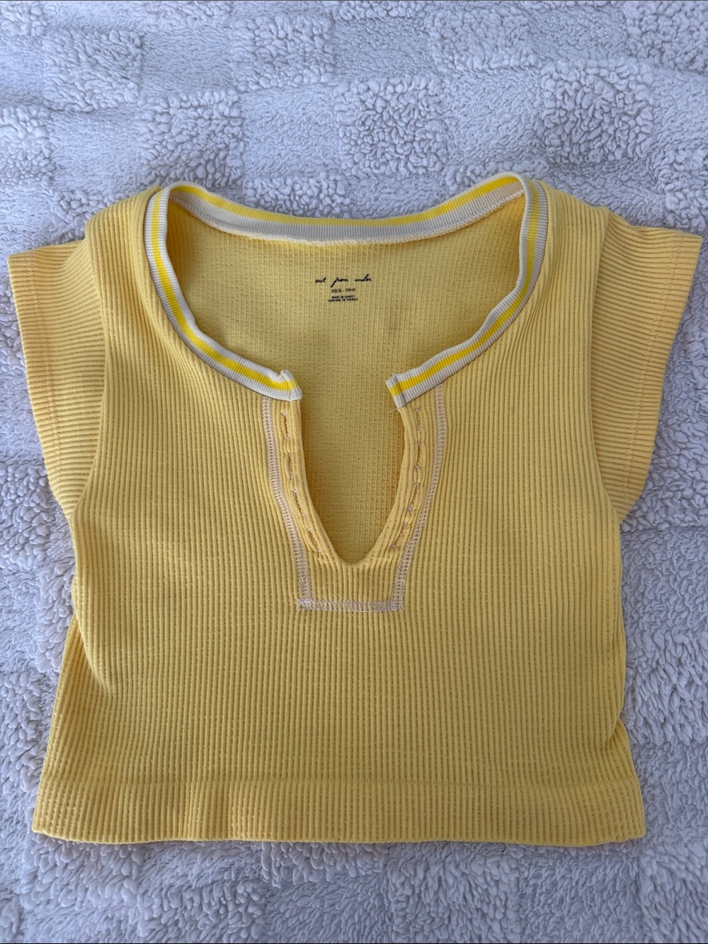 Urban Outfitters Yellow Ribbed V-Notch Crop Top with Striped Trim